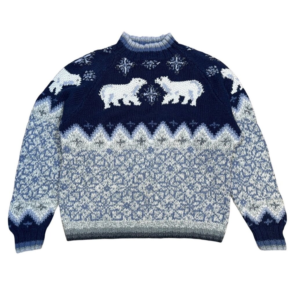 Vintage 90s Talbots Polar Bear Sweater Cotton Blend Chunky Fair Isle Cottagecore